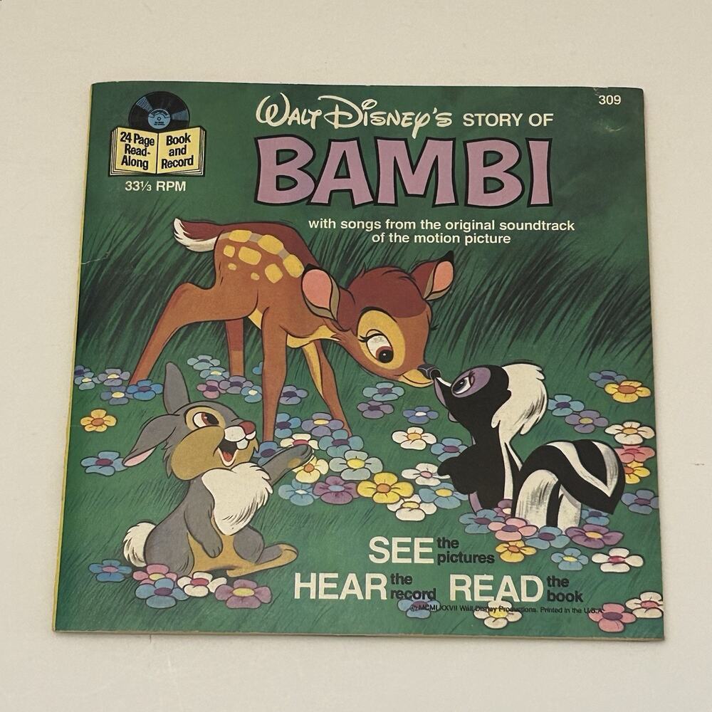 1977 Disney Bambi Read-Along Book and Record 33 1/3 RPM Disneyland Vintage